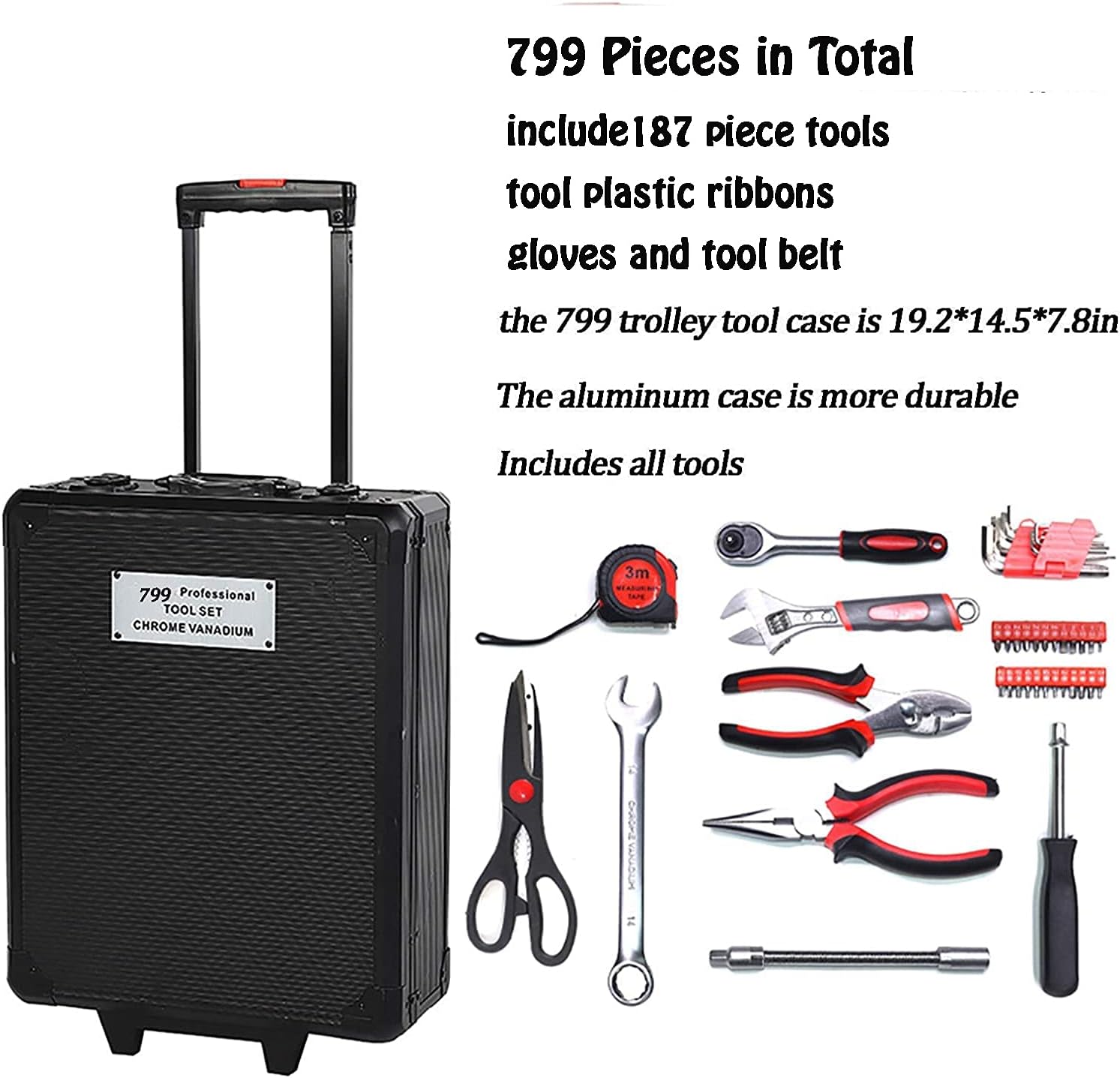Arcwares 799pcs Aluminum Trolley Case Tool Set Silver, House Repair Kit Set, Household Hand Tool Set, with Tool Belt,Gift on Father's Day (Silver)