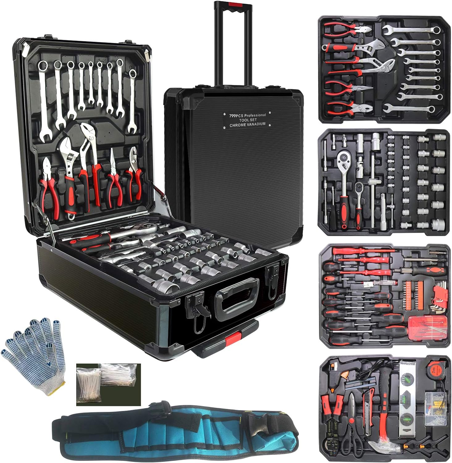 Arcwares 799pcs Aluminum Trolley Case Tool Set Silver, House Repair Kit Set, Household Hand Tool Set, with Tool Belt,Gift on Father's Day (Silver)