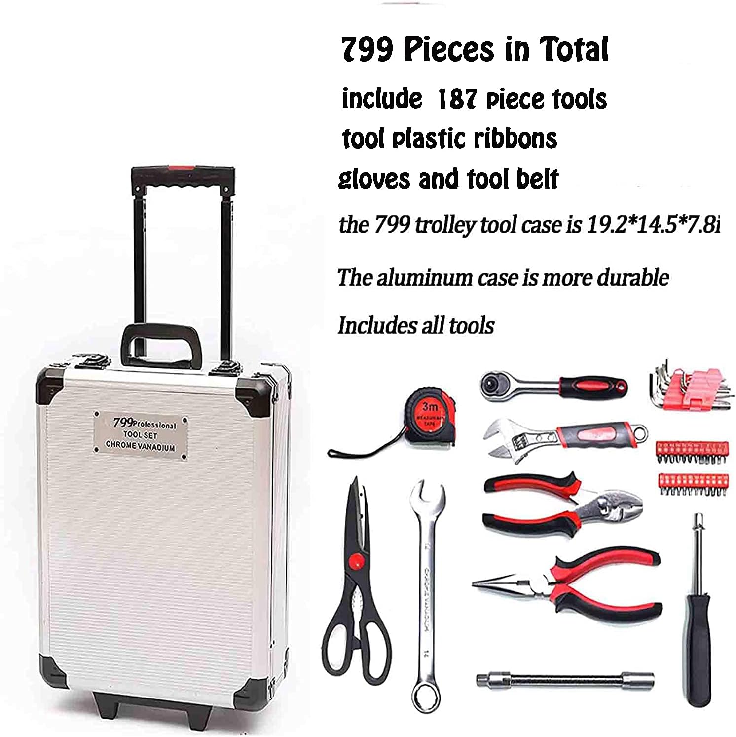 Arcwares 799pcs Aluminum Trolley Case Tool Set Silver, House Repair Kit Set, Household Hand Tool Set, with Tool Belt,Gift on Father's Day (Silver)