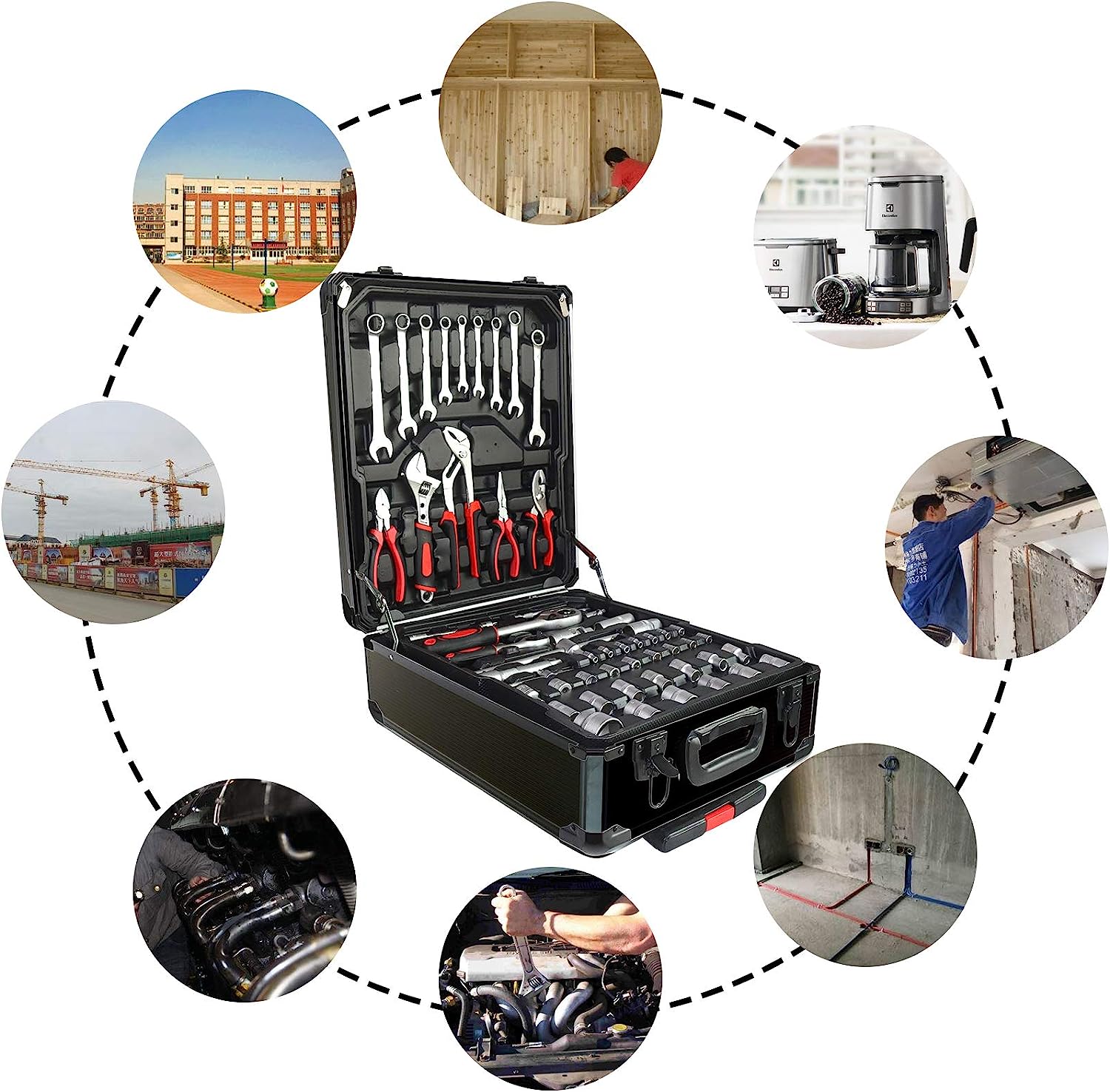 Arcwares 799pcs Aluminum Trolley Case Tool Set Silver, House Repair Kit Set, Household Hand Tool Set, with Tool Belt,Gift on Father's Day (Silver)