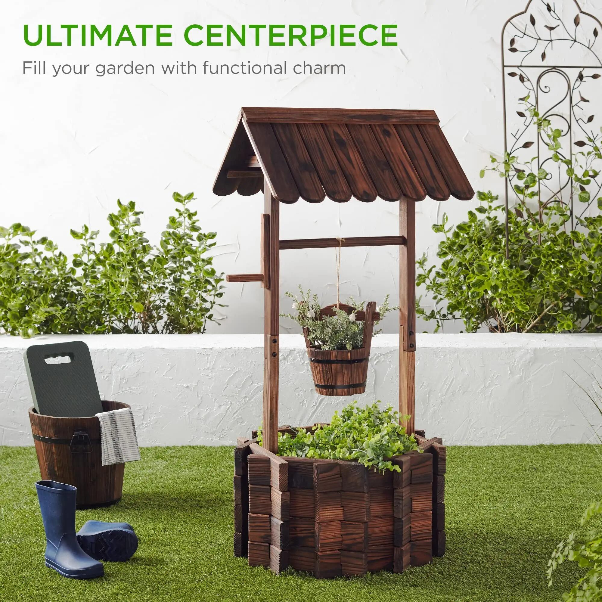 Outdoor Wooden Wishing Well Bucket Planter