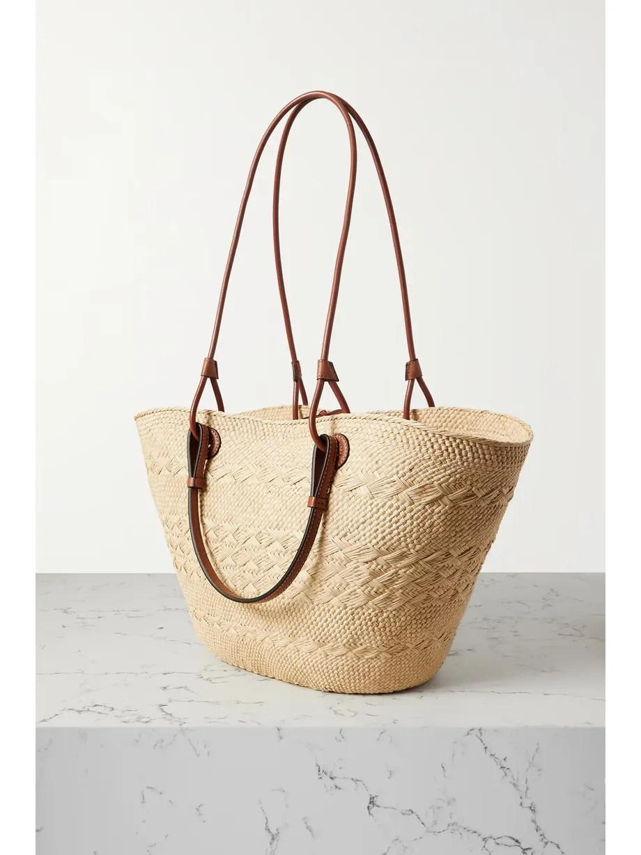 + Paula's Ibiza medium leather-trimmed woven raffia tote