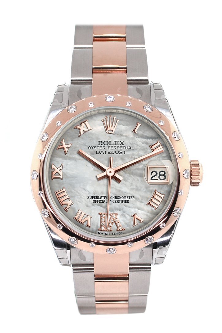 Datejust 31 White Mother of Pearl Roman Large VI set with Diamond Dial Diamond Bezel 18K Rose Gold Two Tone Ladies Watch 178341