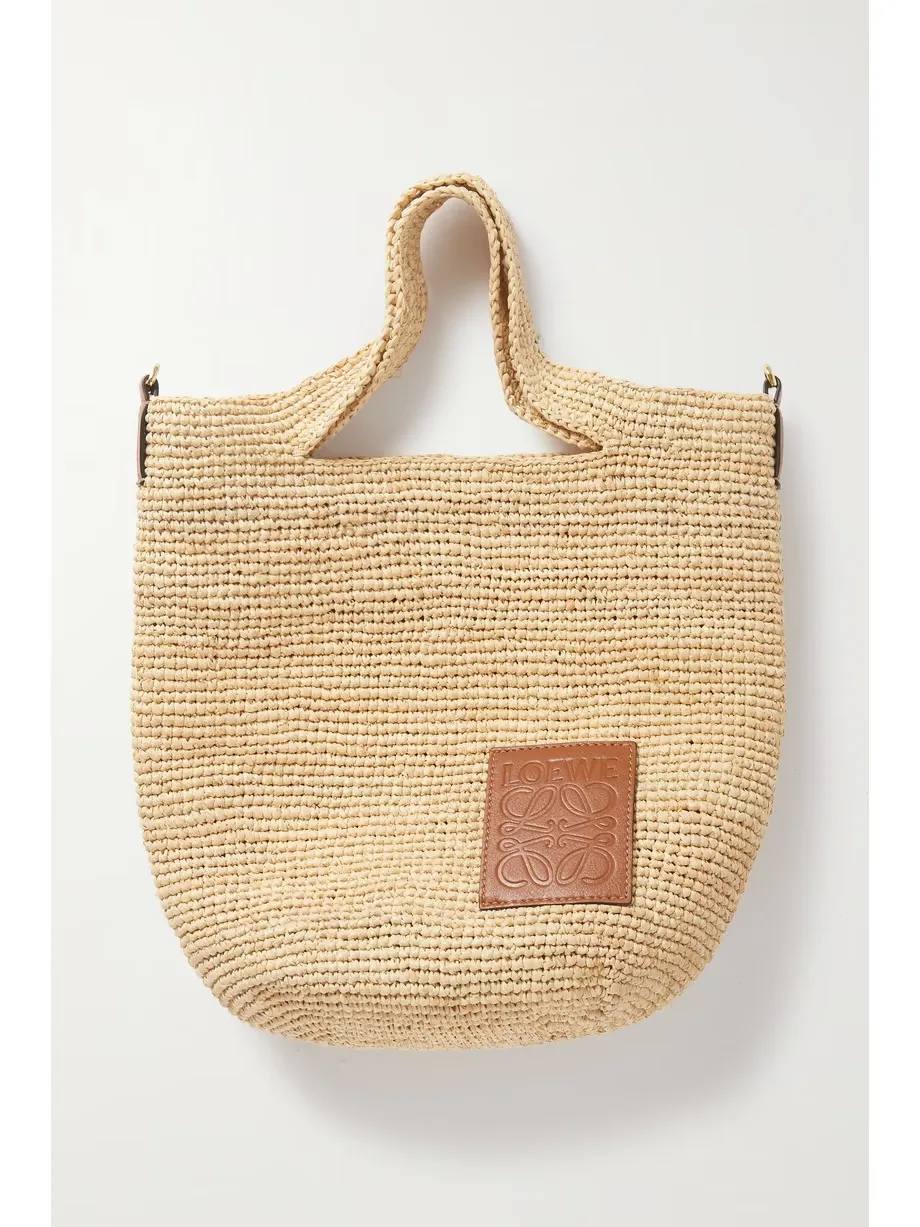 + Paula's Ibiza Slit mini leather-trimmed raffia tote
