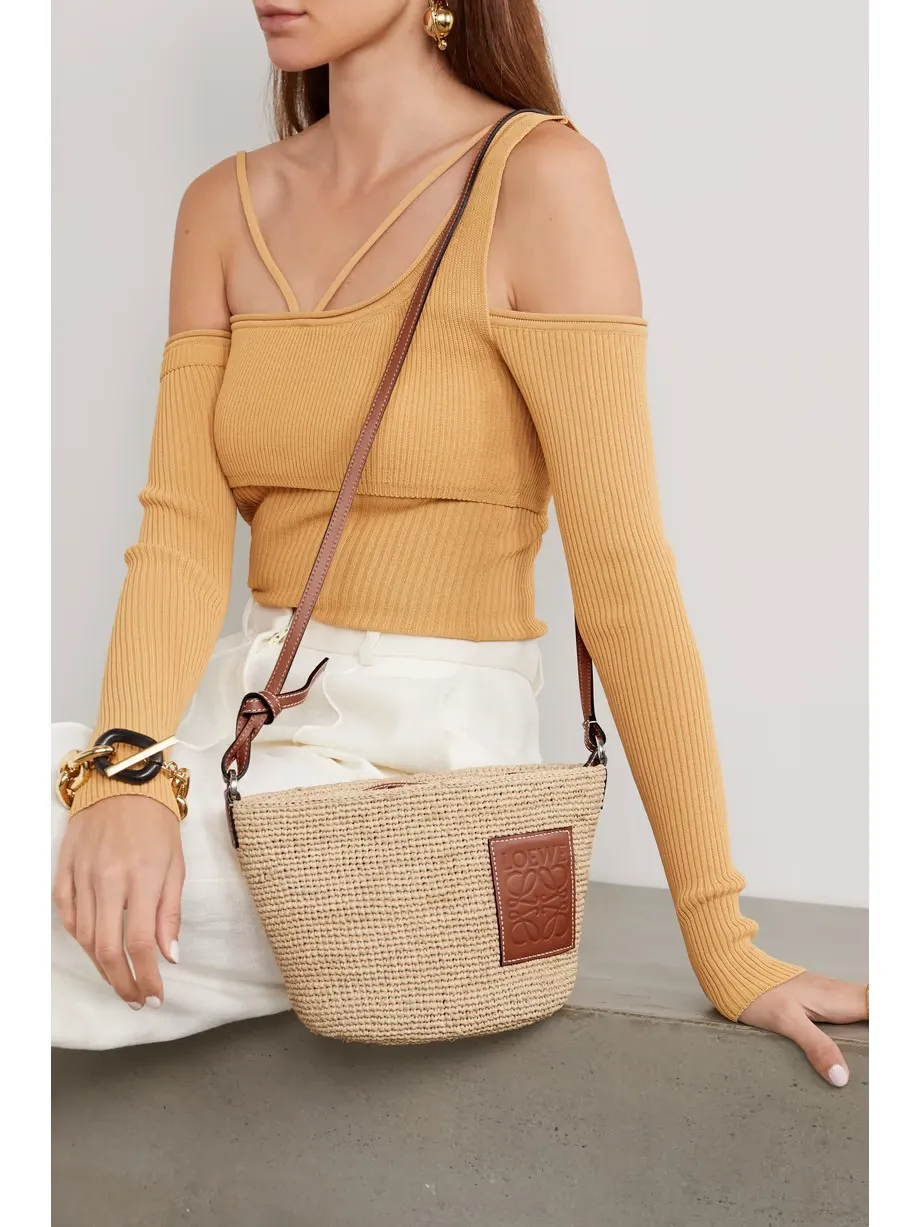 + Paula's Ibiza Pochette leather-trimmed woven raffia shoulder bag