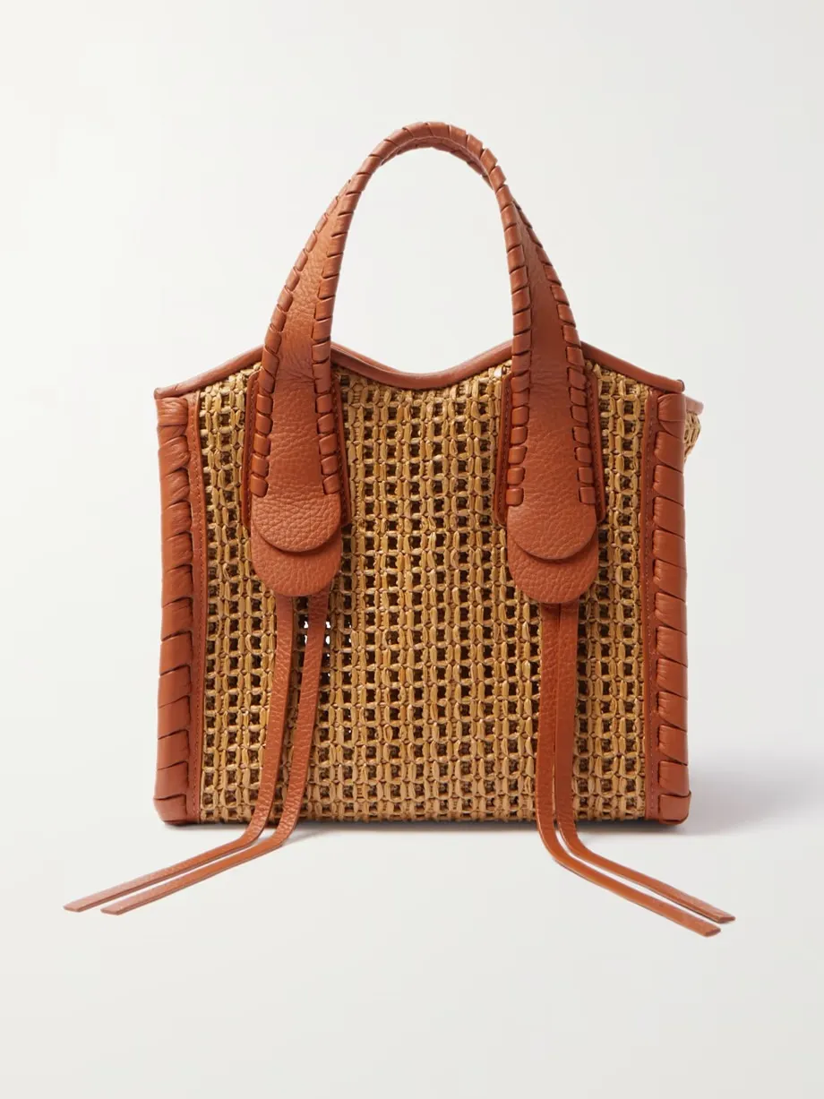 Mony small whipstitched leather-trimmed raffia tote