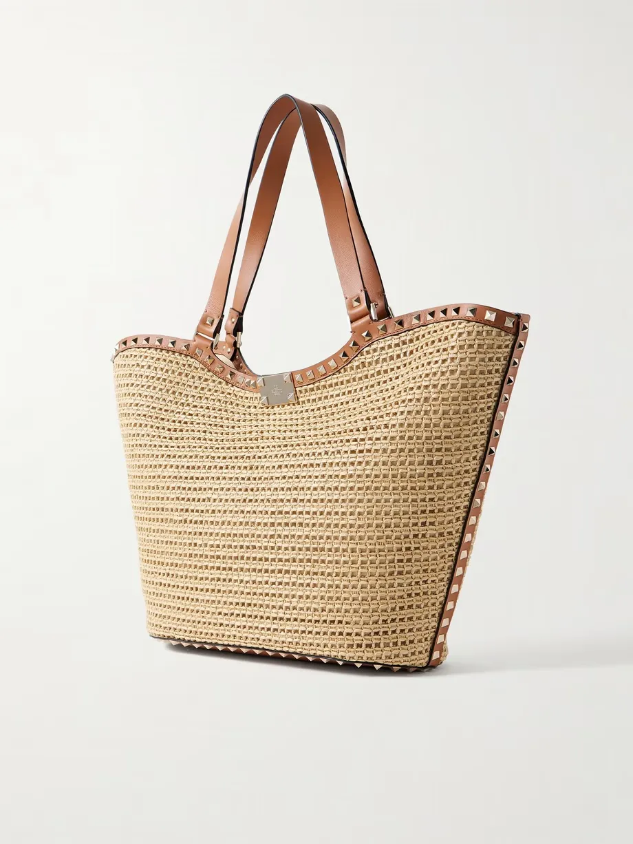 Rockstud leather-trimmed raffia tote