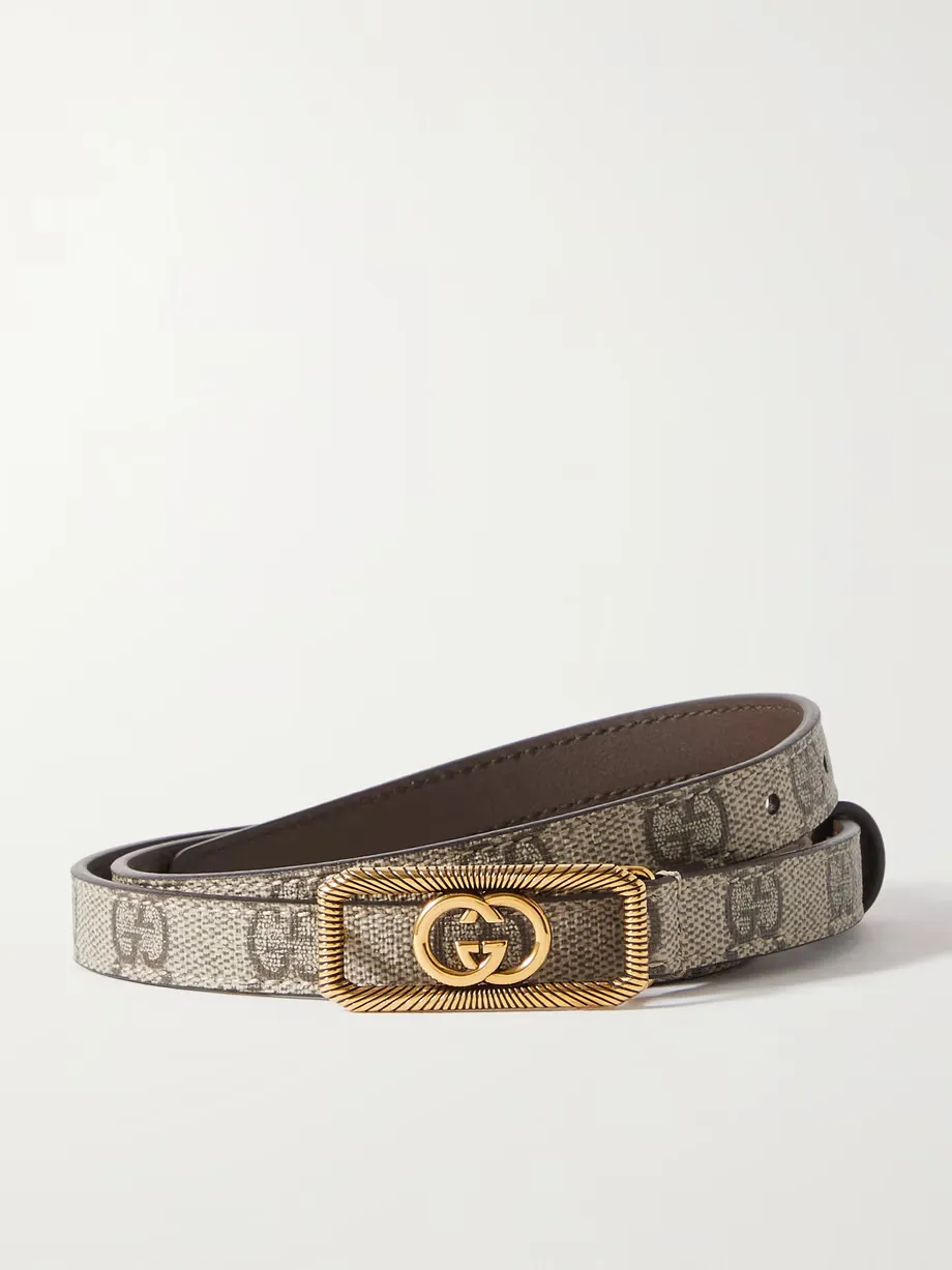 Embellished coated-canvas and leather belt
