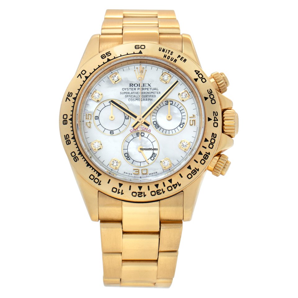 Rolex Daytona Yellow Gold Mother of Pearl Diamond Dial Mens Watch 116528 Box Card