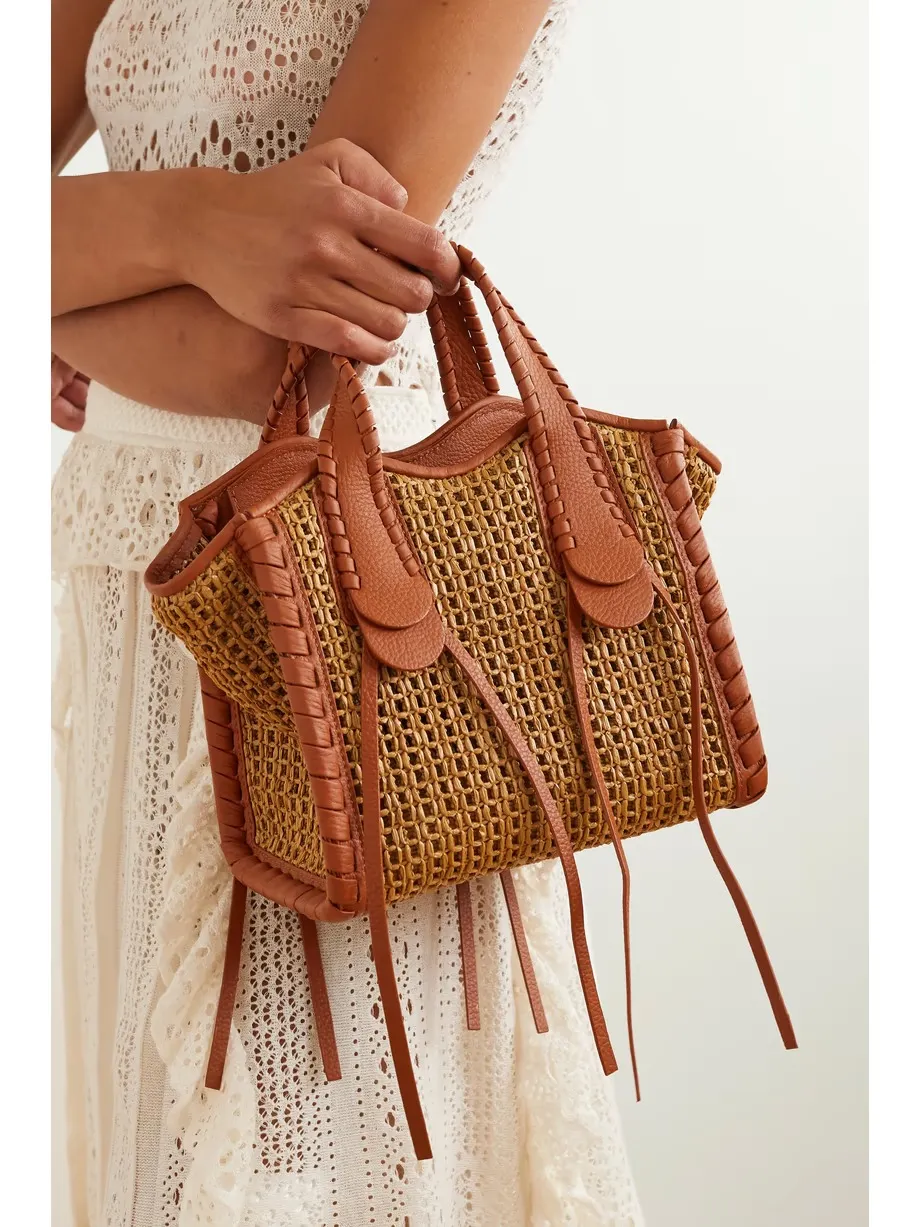Mony small whipstitched leather-trimmed raffia tote