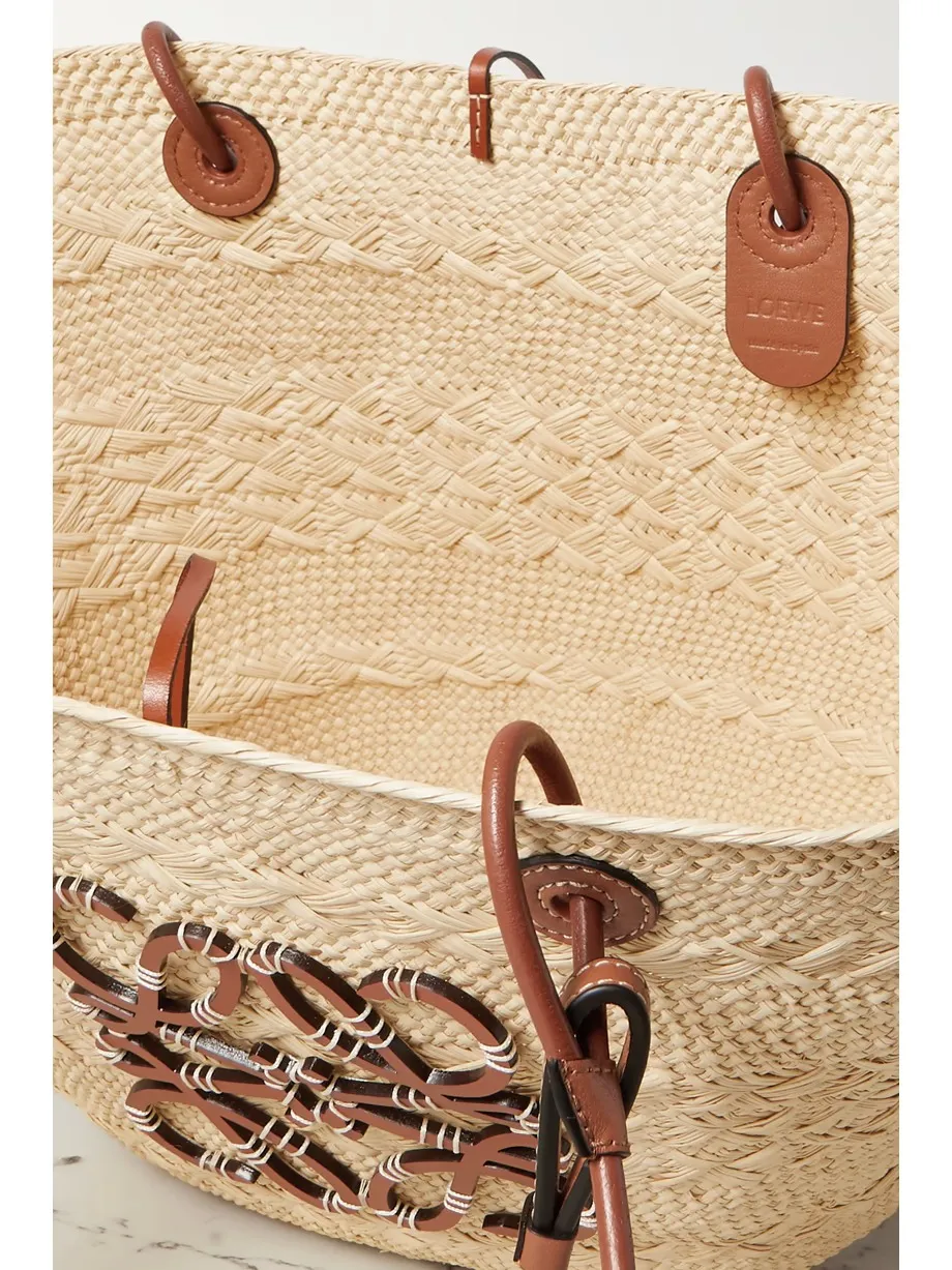 + Paula's Ibiza medium leather-trimmed woven raffia tote
