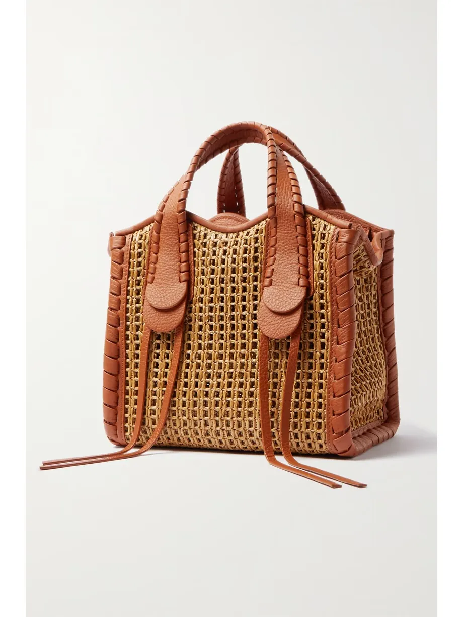 Mony small whipstitched leather-trimmed raffia tote