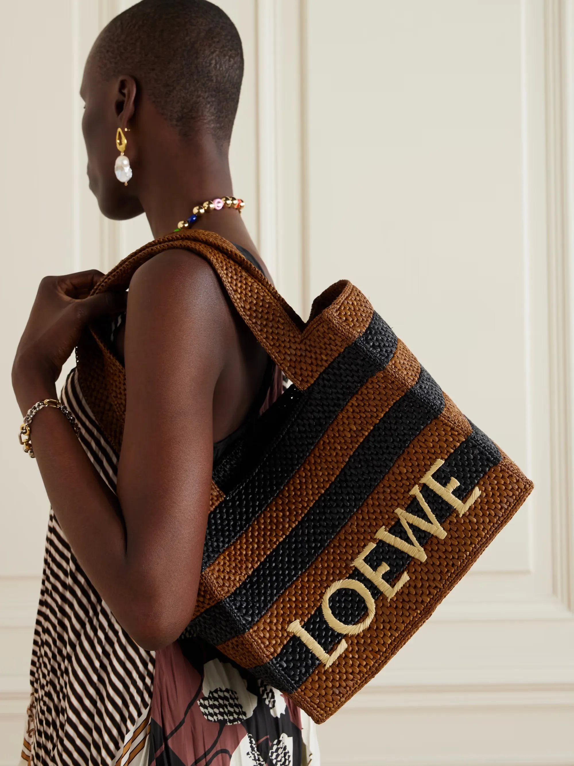 + Paula's Ibiza medium embroidered striped raffia tote