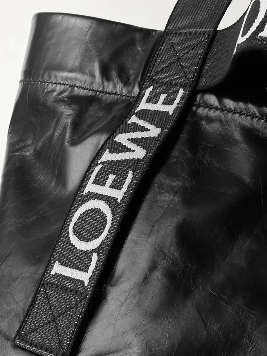 Fold large webbing-trimmed leather tote