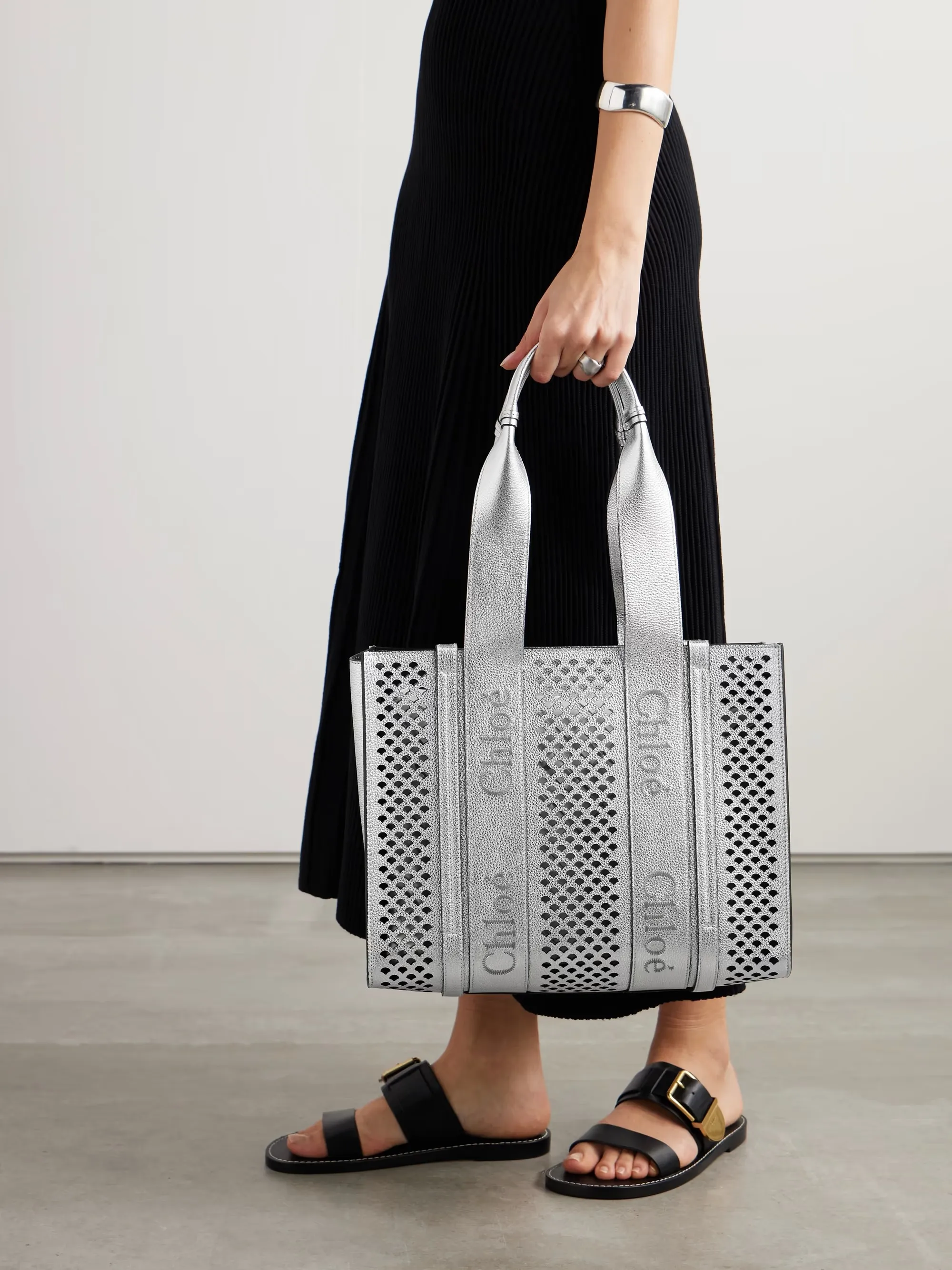Woody embroidered laser-cut metallic leather tote