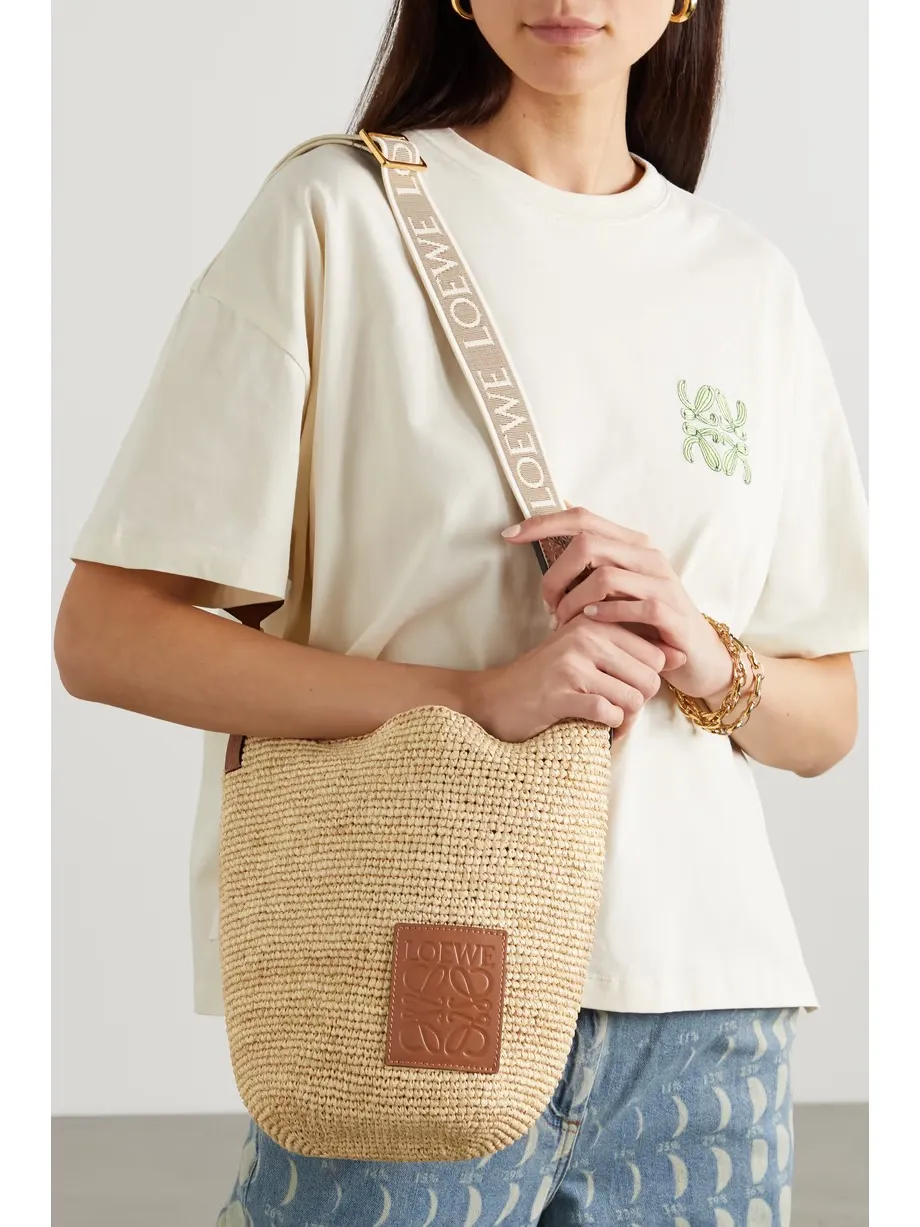 + Paula's Ibiza Slit mini leather-trimmed raffia tote