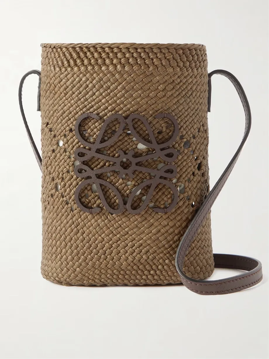 + Paula's Ibiza Iaraca appliqu��d leather-trimmed raffia shoulder bag