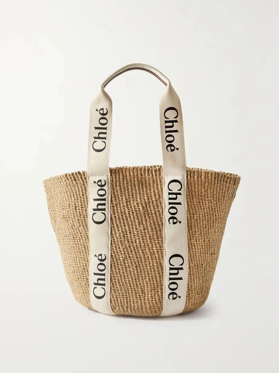 Woody large leather-trimmed raffia tote