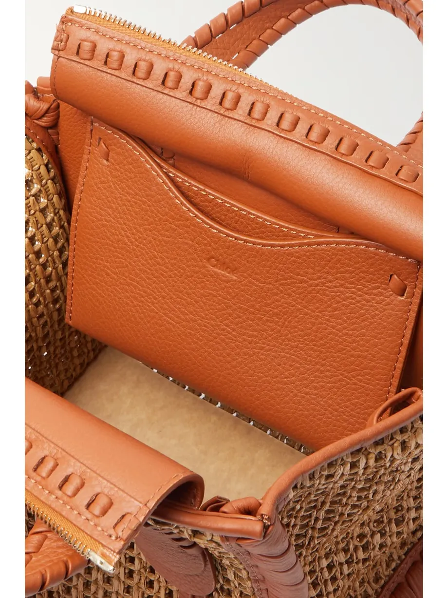 Mony small whipstitched leather-trimmed raffia tote