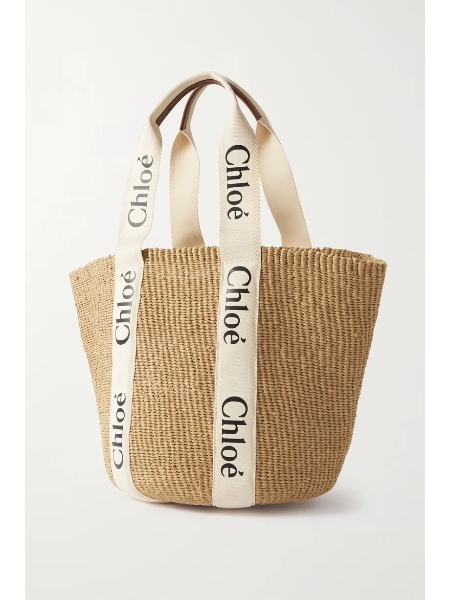 Woody large leather-trimmed raffia tote