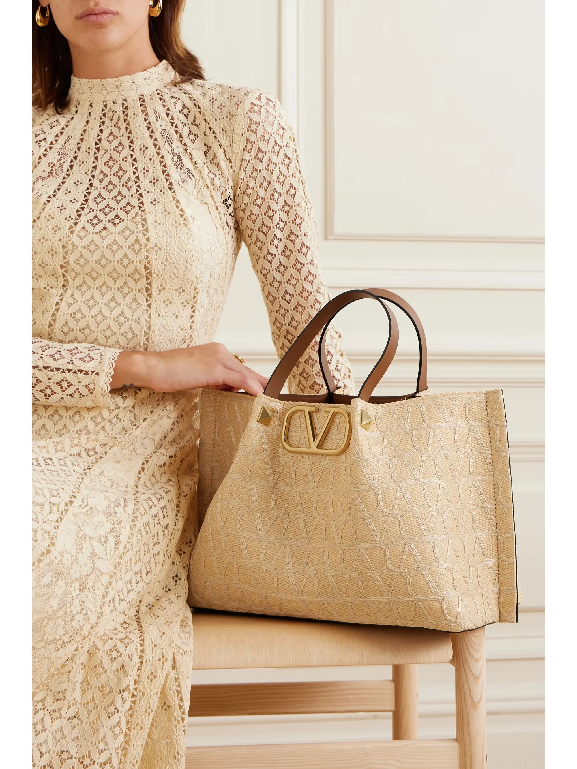 VLOGO medium leather-trimmed raffia-jacquard tote