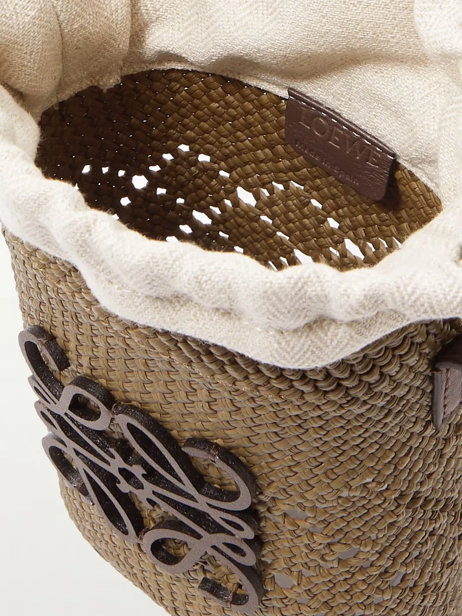 + Paula's Ibiza Iaraca appliqu��d leather-trimmed raffia shoulder bag