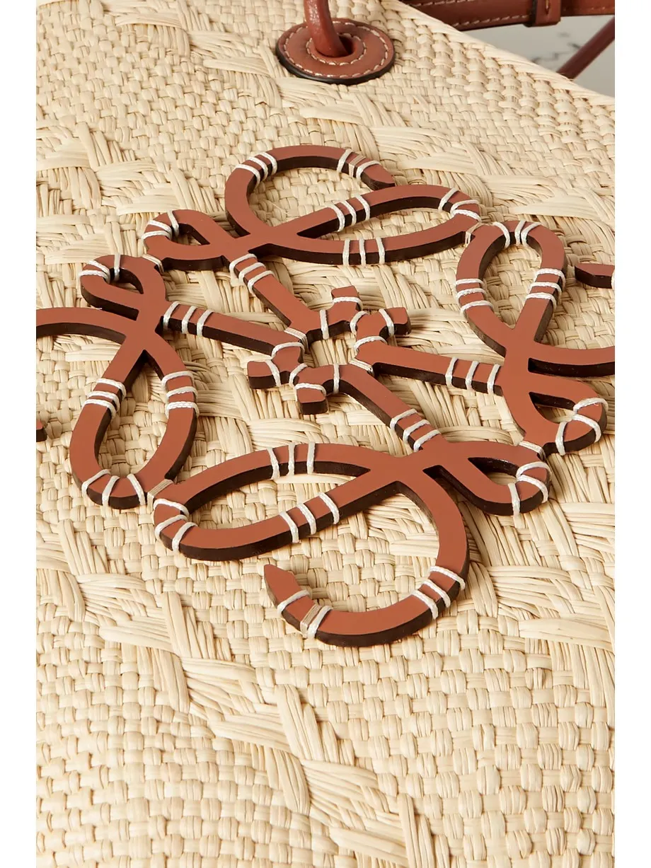 + Paula's Ibiza medium leather-trimmed woven raffia tote