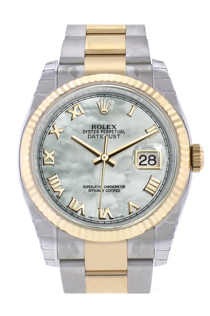 Datejust 36 White mother-of-pearl Roman Dial Fluted 18K Gold Two Tone Oyster Watch 116233