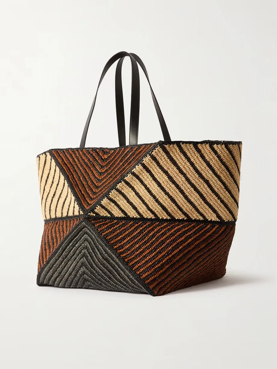 + Paula's Ibiza Puzzle Fold XL leather-trimmed raffia tote bag