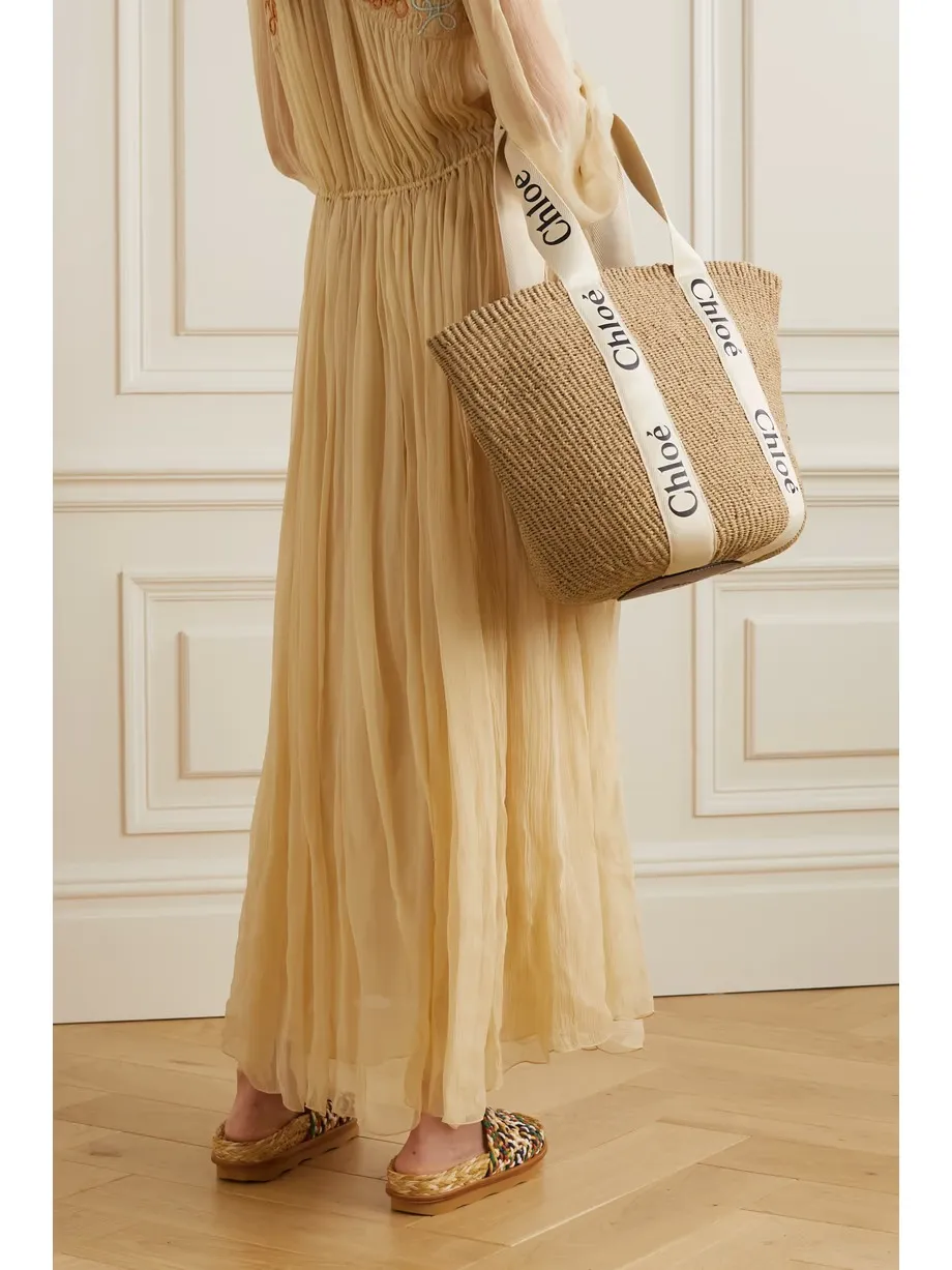 Woody large leather-trimmed raffia tote