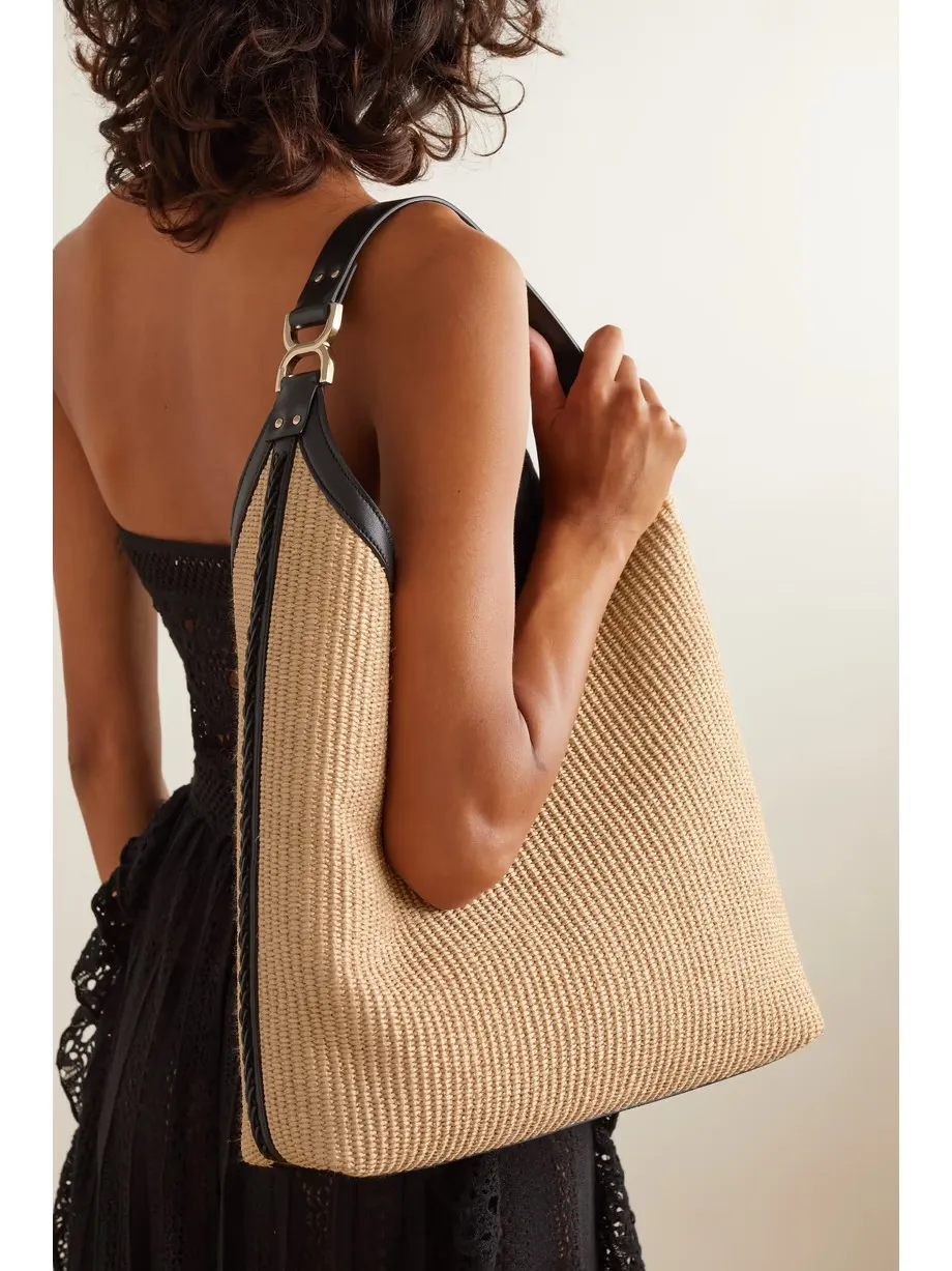 Marcie leather-trimmed raffia shoulder bag