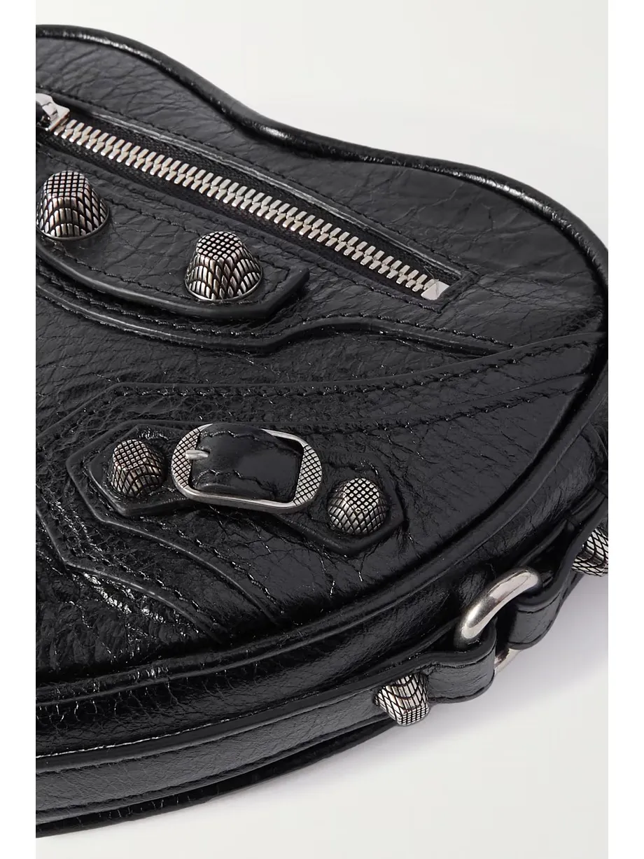 Le Cagole Heart mini studded crinkled-leather shoulder bag