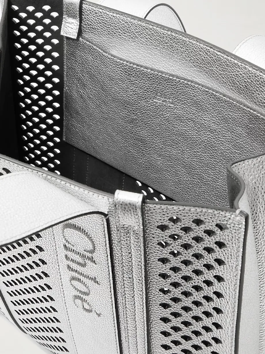 Woody embroidered laser-cut metallic leather tote
