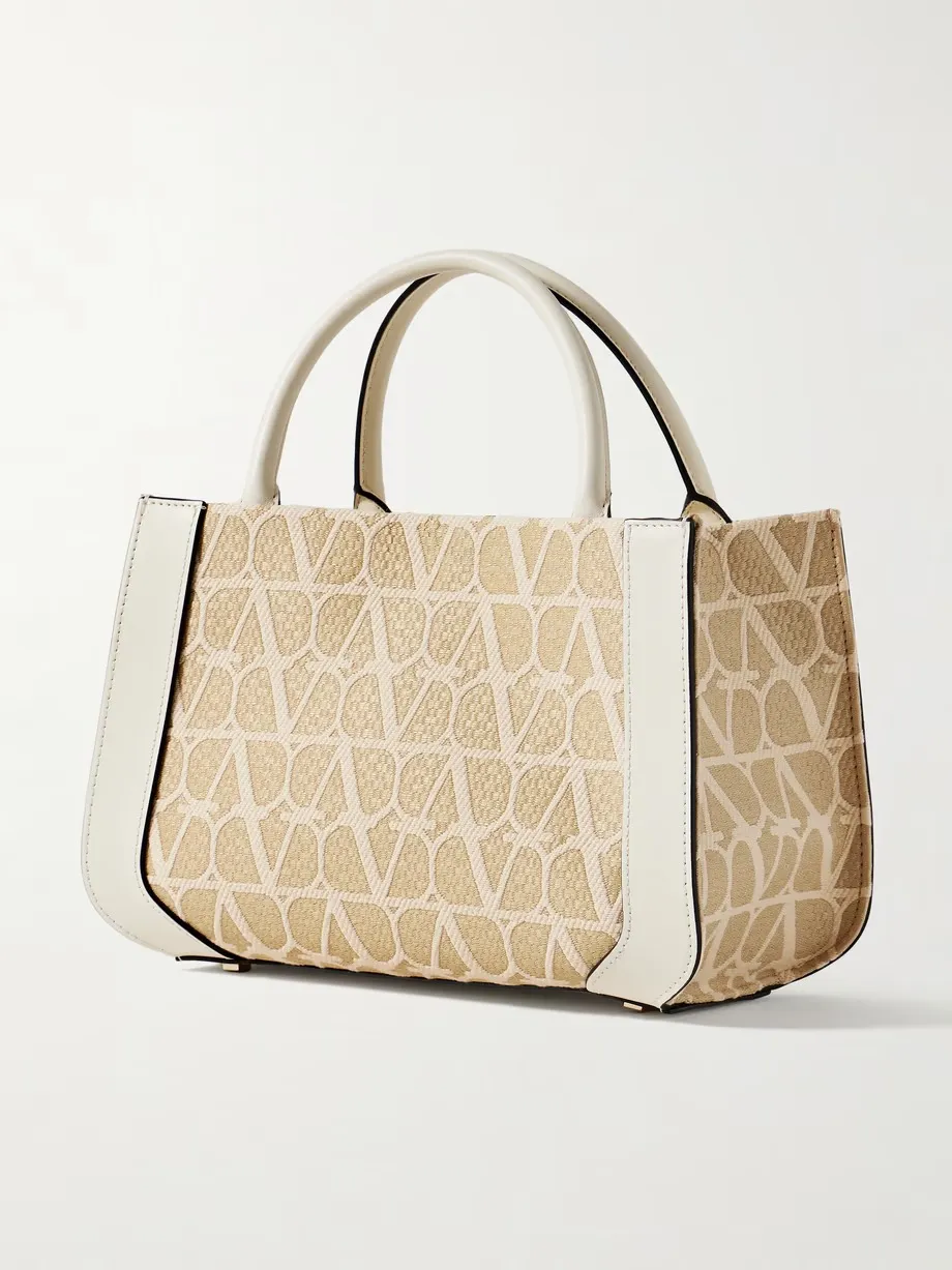 VLOGO small leather-trimmed embroidered raffia tote