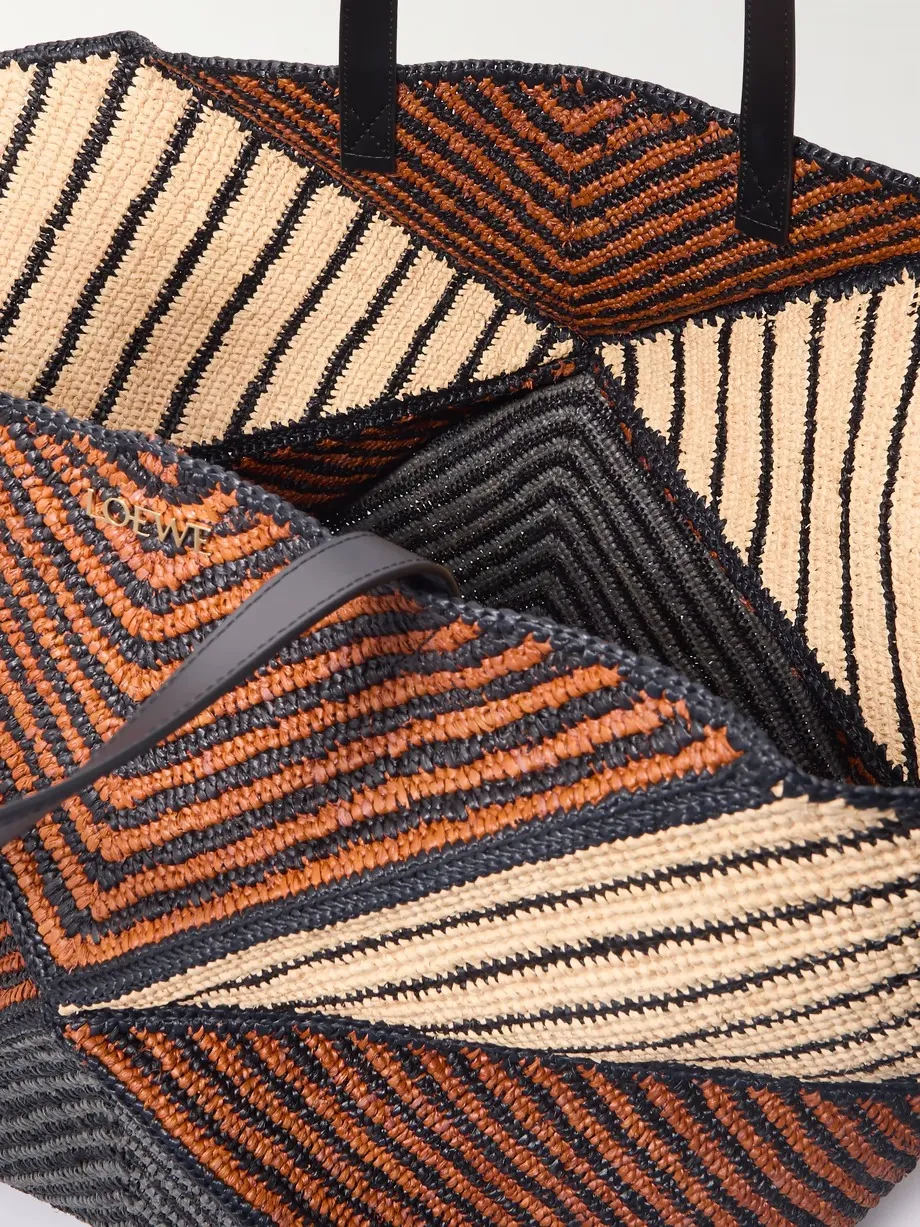 + Paula's Ibiza Puzzle Fold XL leather-trimmed raffia tote bag