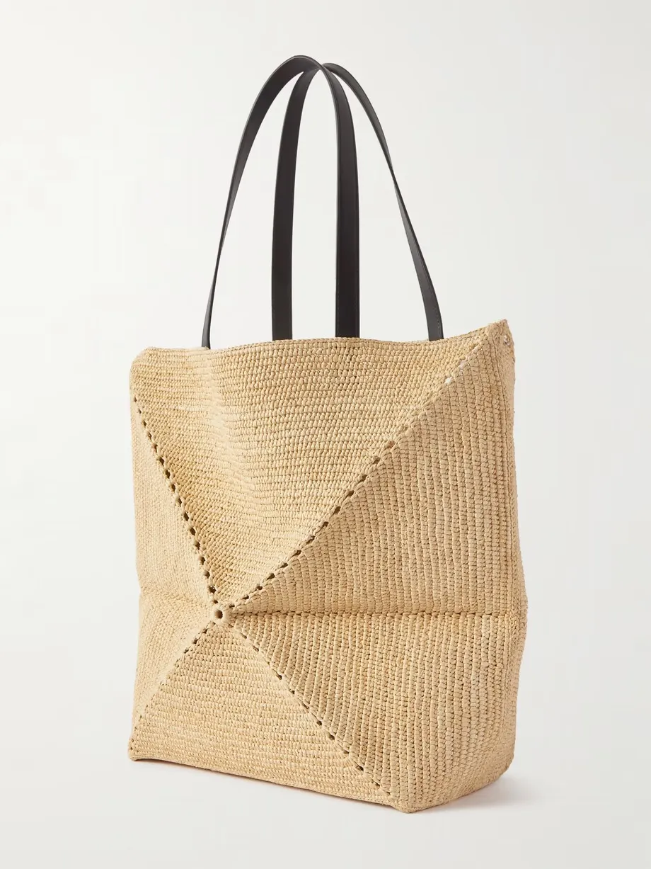 + Paula's Ibiza Puzzle Fold large leather-trimmed raffia tote