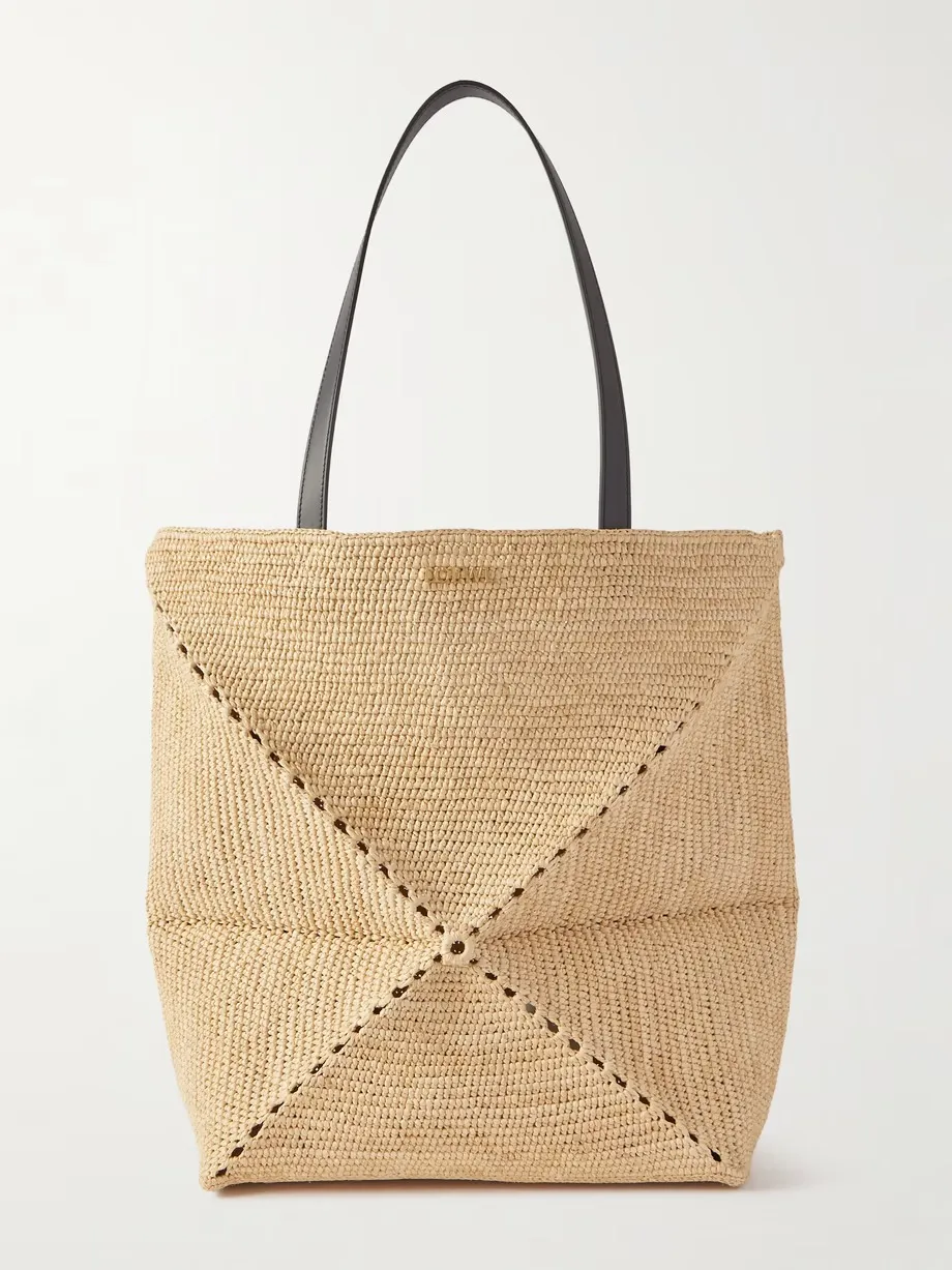 + Paula's Ibiza Puzzle Fold large leather-trimmed raffia tote