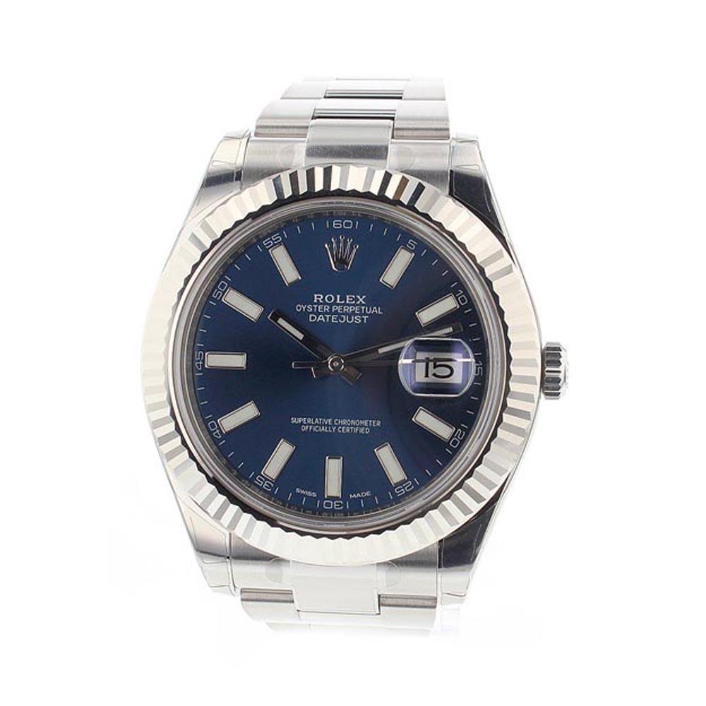 Datejust II 41 Blue Dial 18k White Gold Fluted Bezel Steel Men's Watch 116334