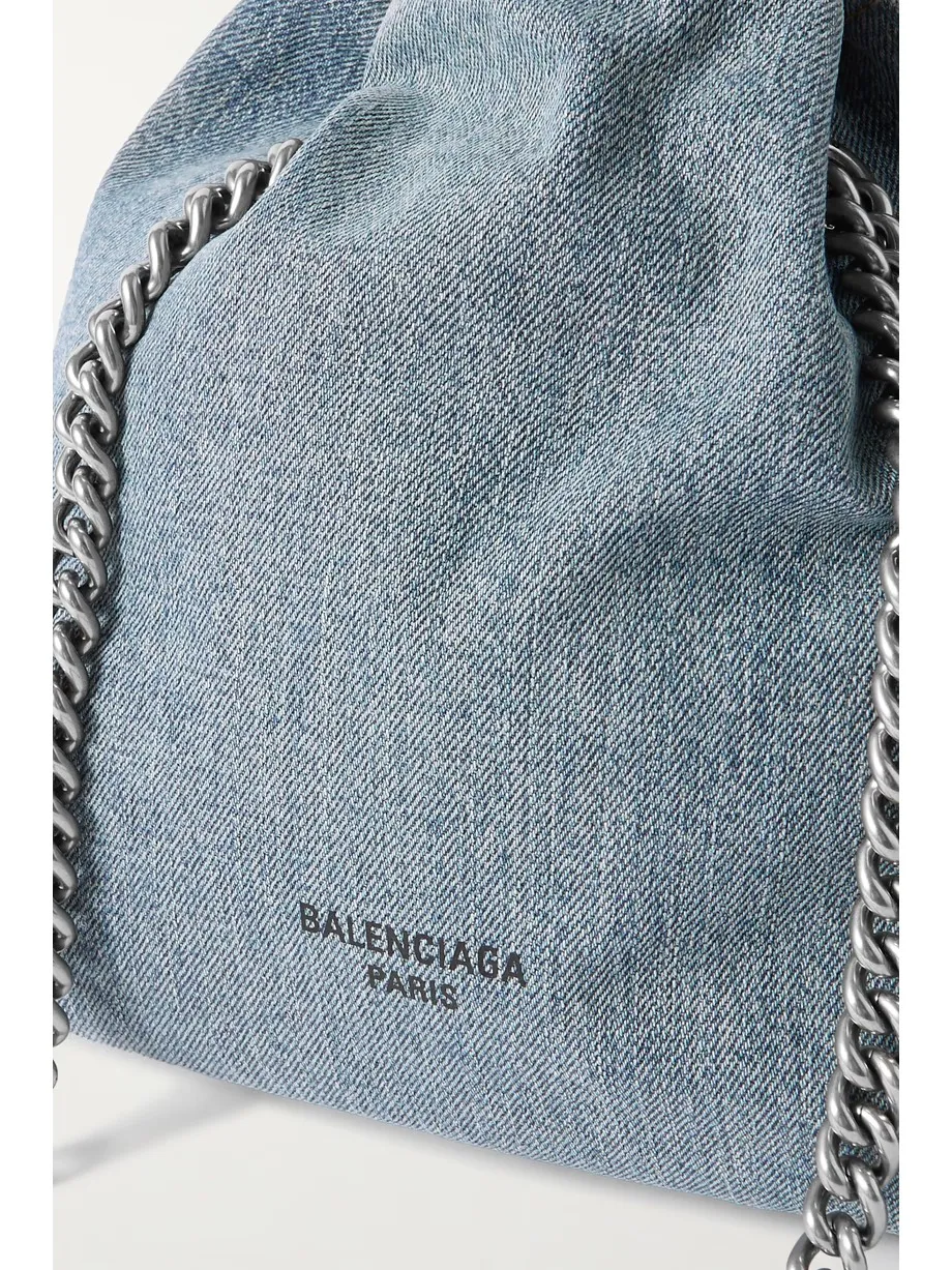 Leather-trimmed denim tote