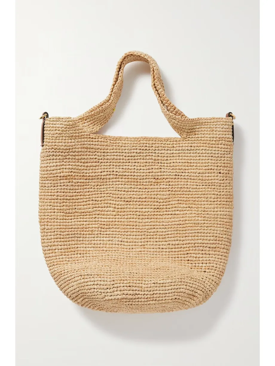 + Paula's Ibiza Slit mini leather-trimmed raffia tote