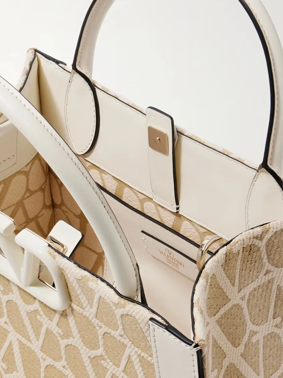 VLOGO small leather-trimmed embroidered raffia tote
