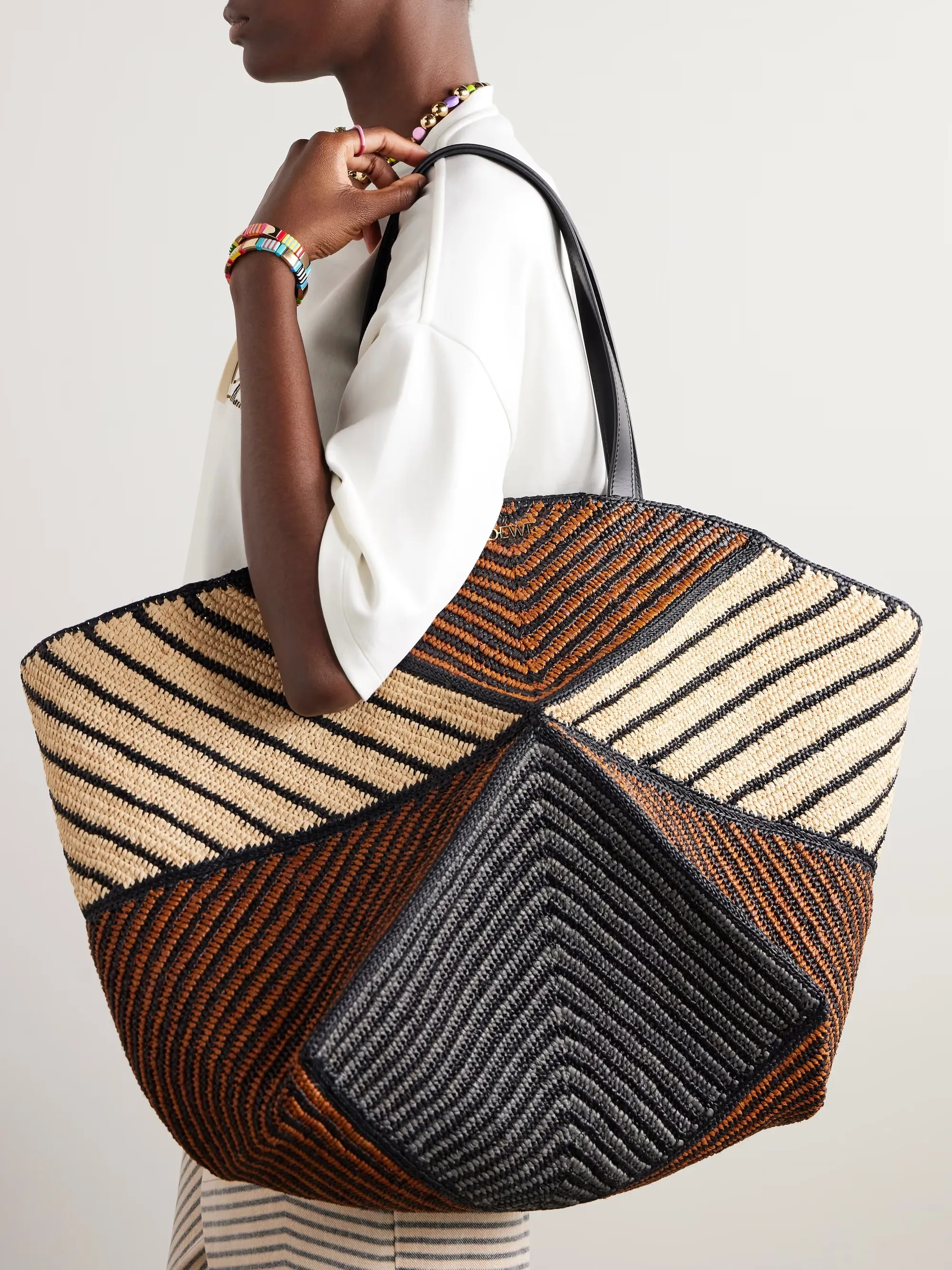 + Paula's Ibiza Puzzle Fold XL leather-trimmed raffia tote bag