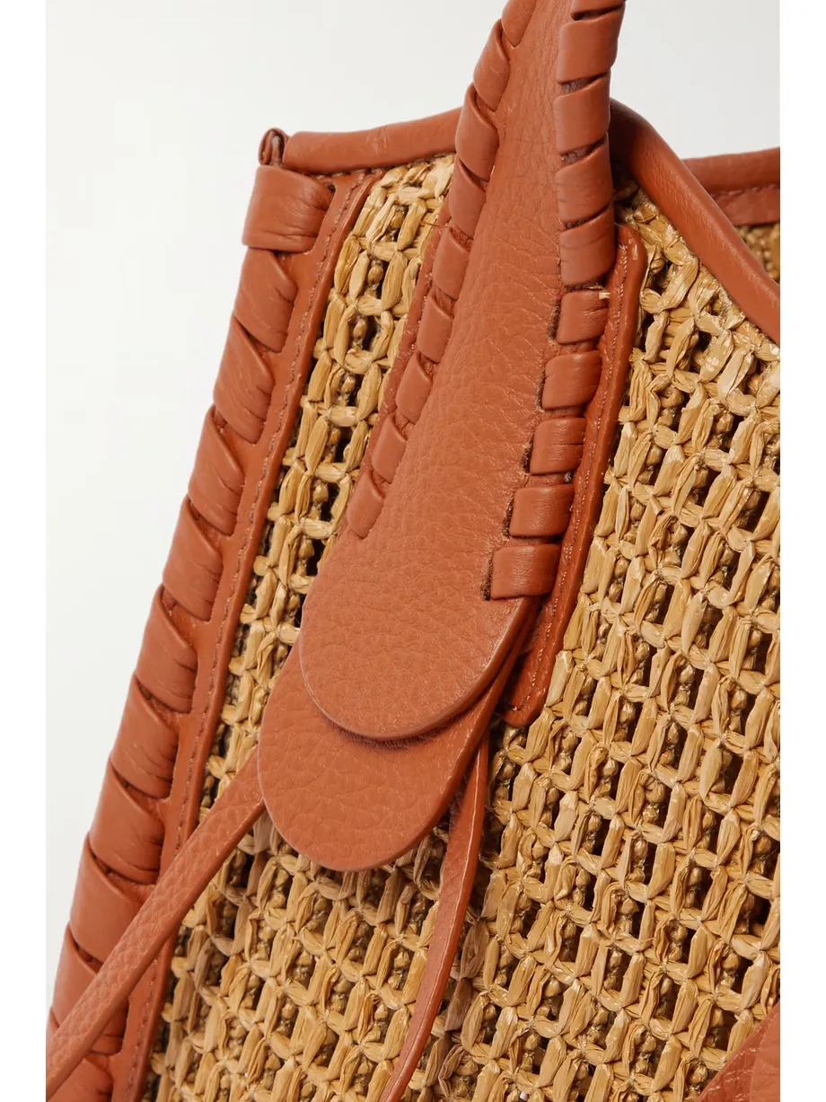 Mony small whipstitched leather-trimmed raffia tote