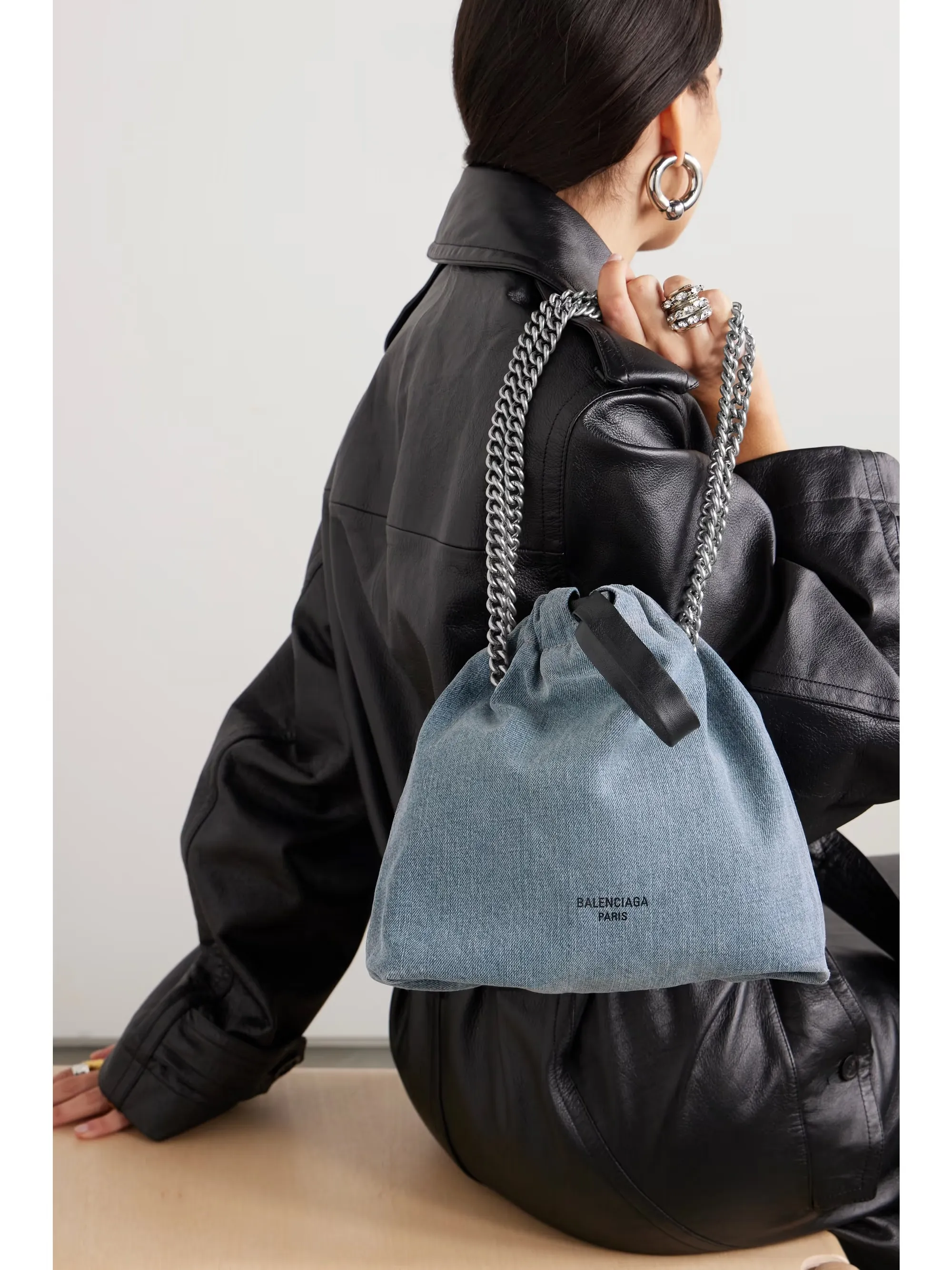 Leather-trimmed denim tote