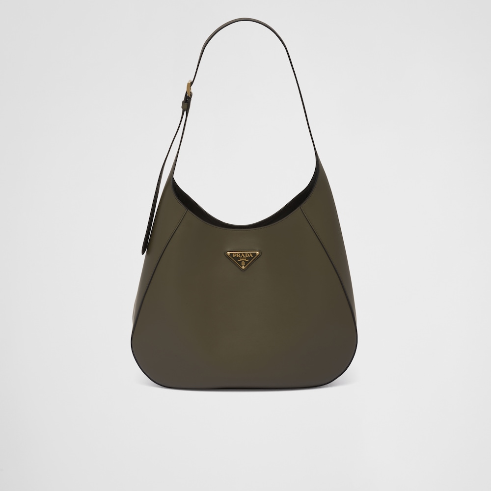 Prada Large leather shoulder bag with topstitching - Military Green/Black