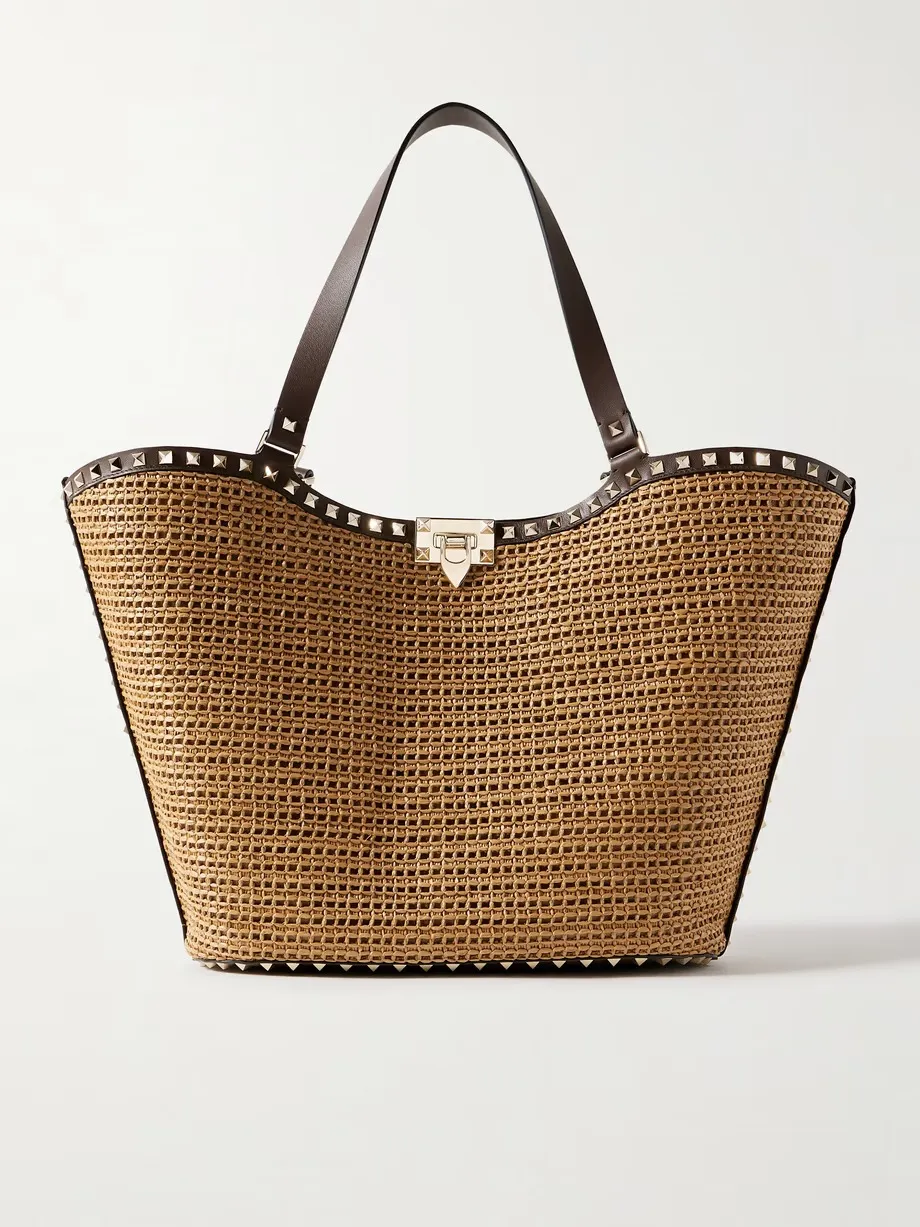 Rockstud leather-trimmed raffia tote
