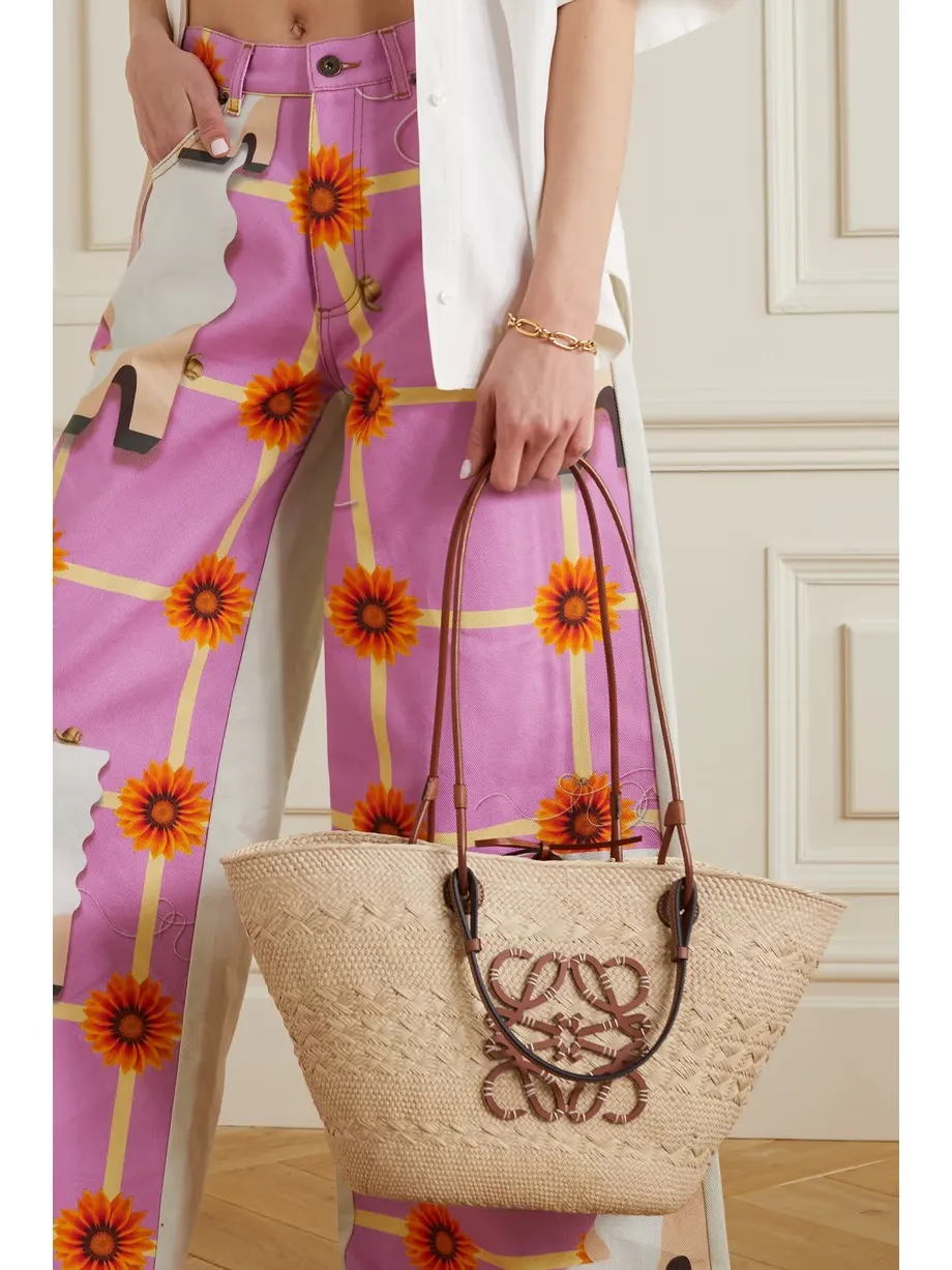 + Paula's Ibiza medium leather-trimmed woven raffia tote