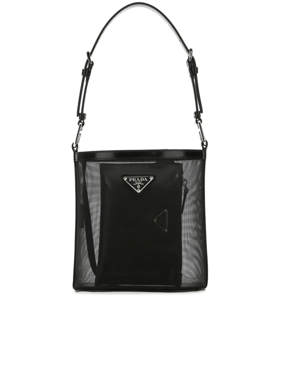 Prada Logo Mesh Bucket Bag in Black