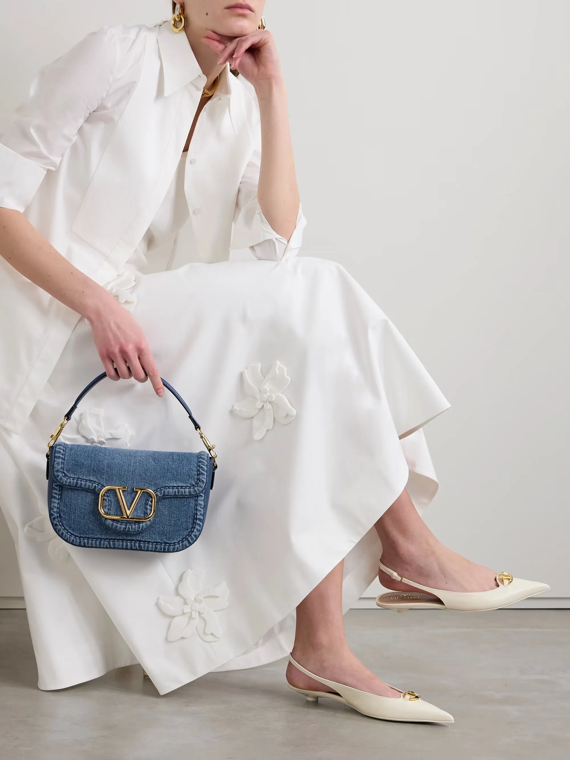 VLOGO embellished denim and leather shoulder bag