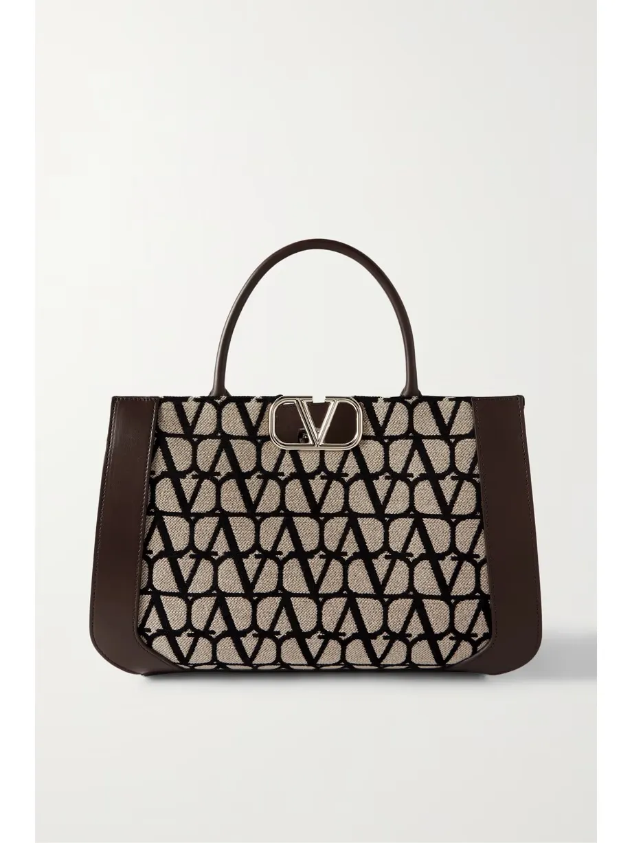 VLOGO medium leather-trimmed canvas-jacquard tote